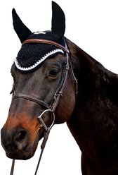 Equine Couture Horse Fly Bonnet with Silver Rope & Crystals, Black, Full