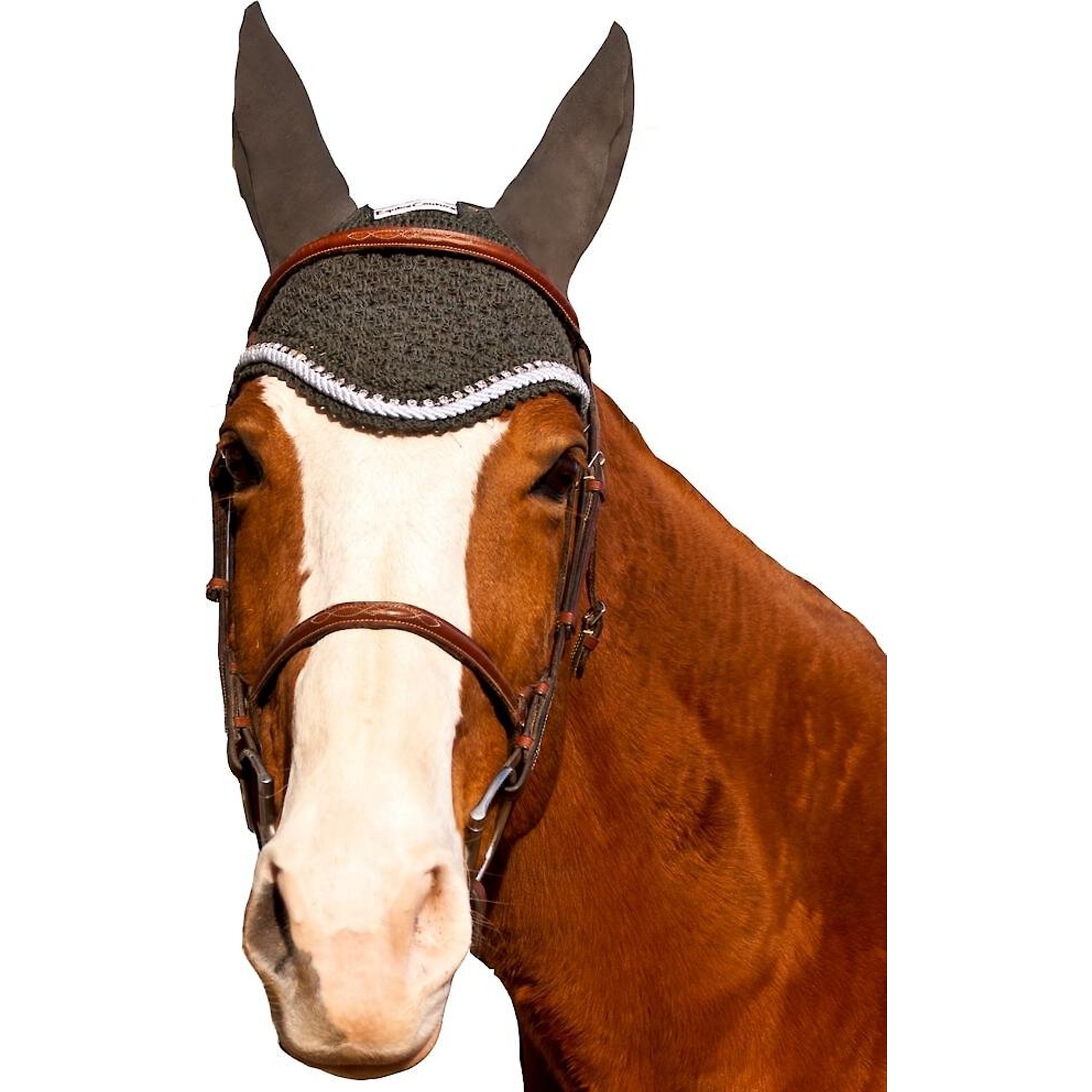 Equine Couture Horse Fly Bonnet with Silver Rope & Crystals, Dark Charcoal, Pony