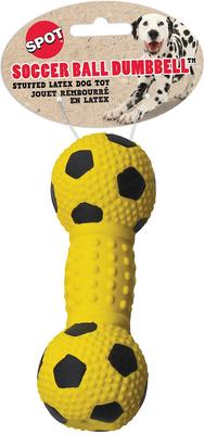 Show full view: Ethical Pet Stuffed Latex Soccerball Dumbbell Squeaky Puppy Chew Toy, Color Varies, 3-in slide 2 of 3