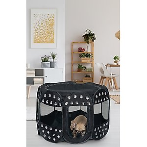 Etna Portable with Paw Design Dog & Cat Exercise Play Pen, Black/White, Large: 36 x 36 x 23-in