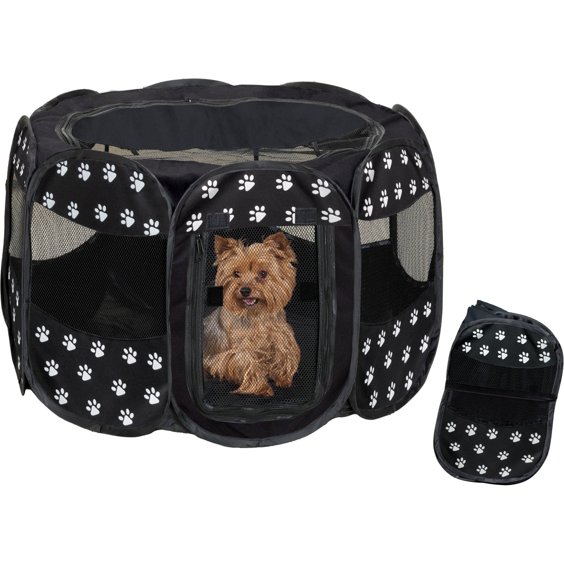 Etna Portable with Paw Design Dog & Cat Exercise Play Pen, Black/White, Medium: 29 x 29 x 17-in