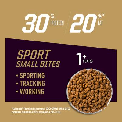Show full view: Eukanuba Premium Performance 30/20 Sport Small Bites Adult Dog Food, 28-lb Bag slide 5 of 11