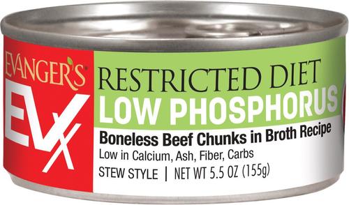 Show full view: Evanger's EVX Restricted Diet Low Phosphorus Beef Chunks in Broth Recipe Canned Cat Food, 5-oz, case of 24 slide 1 of 9