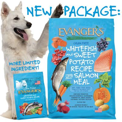 Show full view: Evanger's Grain-Free Whitefish & Sweet Potato Recipe with Salmon Meal Dry Dog Food, 30-lb bag slide 3 of 8