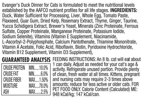 Show full view: Evanger's Super Premium Duck Dinner Grain-Free Canned Cat Food, 5.5-oz, case of 24 slide 3 of 7
