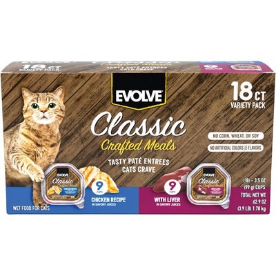 Evolve Evolve Classic Crafted Meals Chicken & Liver Recipe Variety Pack Pate Wet Cat Food, 3.5-oz can, case of 18