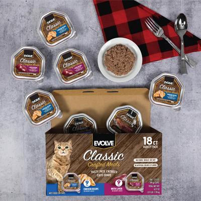 Show full view: Evolve Classic Crafted Meals Chicken & Liver Recipe Variety Pack Pate Wet Cat Food, 3.5-oz can, case of 18 slide 10 of 11