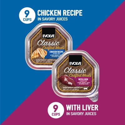 Show full view: Evolve Classic Crafted Meals Chicken & Liver Recipe Variety Pack Pate Wet Cat Food, 3.5-oz can, case of 18 slide 4 of 11