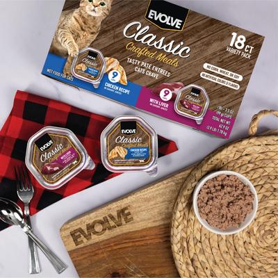 Show full view: Evolve Classic Crafted Meals Chicken & Liver Recipe Variety Pack Pate Wet Cat Food, 3.5-oz can, case of 18 slide 9 of 11