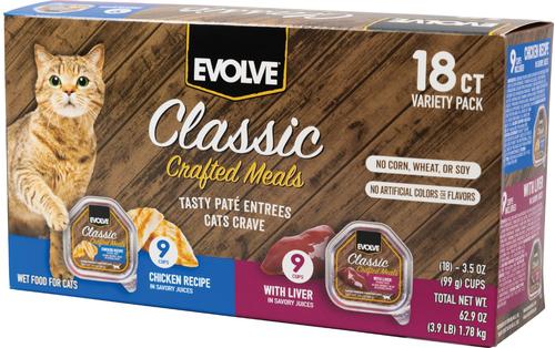 Show full view: Evolve Classic Crafted Meals Chicken & Liver Recipe Variety Pack Pate Wet Cat Food, 3.5-oz can, case of 18 slide 3 of 11