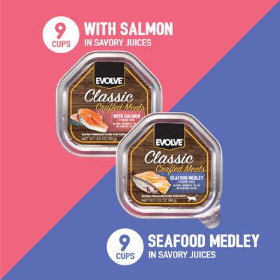 Show full view: Evolve Classic Crafted Meals Salmon & Seafood Medley Recipe Variety Pack Pate Wet Cat Food, 3.5-oz can, case of 18 slide 4 of 11