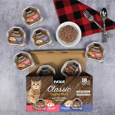 Show full view: Evolve Classic Crafted Meals Salmon & Seafood Medley Recipe Variety Pack Pate Wet Cat Food, 3.5-oz can, case of 18 slide 10 of 11