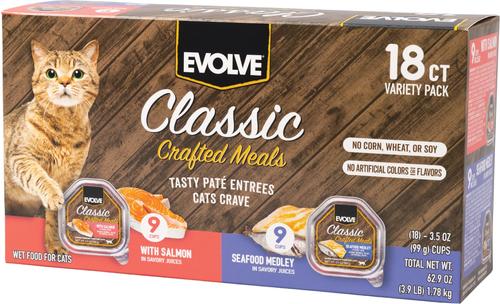 Show full view: Evolve Classic Crafted Meals Salmon & Seafood Medley Recipe Variety Pack Pate Wet Cat Food, 3.5-oz can, case of 18 slide 3 of 11