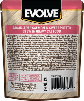 Show full view: Evolve Salmon & Sweet Potato Stew in Gravy Grain-Free Wet Pouch Cat Food, 3-oz pouch, case of 24 slide 3 of 9