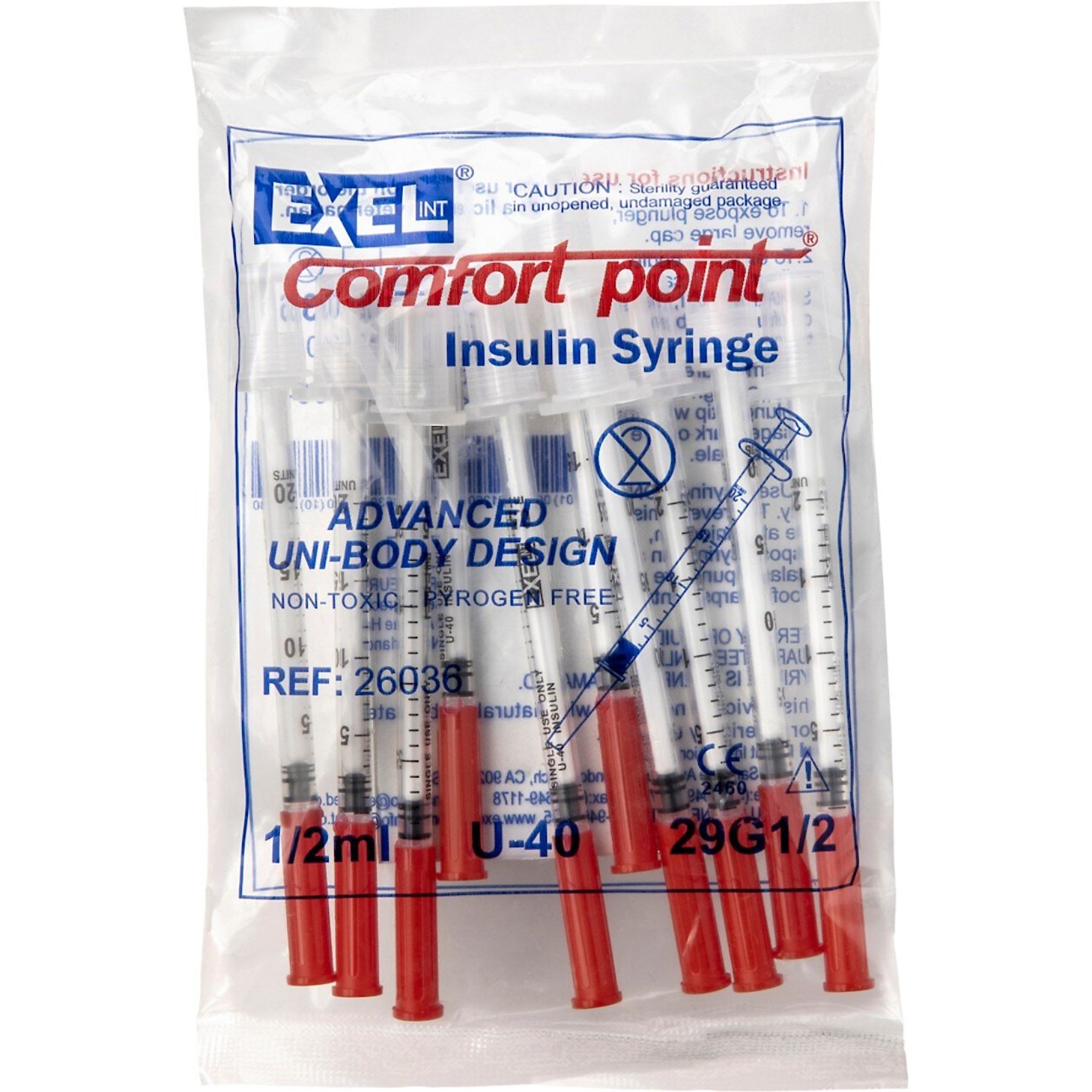 Exel Comfort Point Insulin Syringes U-40 0.5-in x 29G, 0.5-cc, 10 syringes