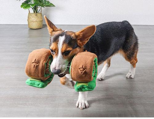 Show full view: EYS Retractable Treat Dispensing Plush Dumbbell Interactive Dog Toy, Brown/Green  slide 2 of 6