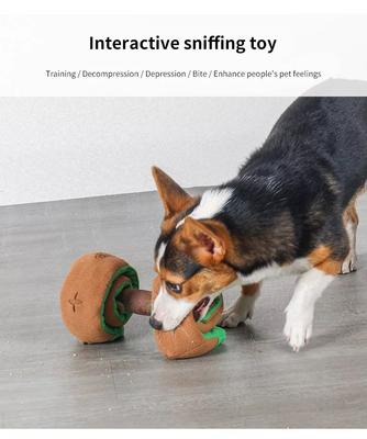 Show full view: EYS Retractable Treat Dispensing Plush Dumbbell Interactive Dog Toy, Brown/Green  slide 4 of 6