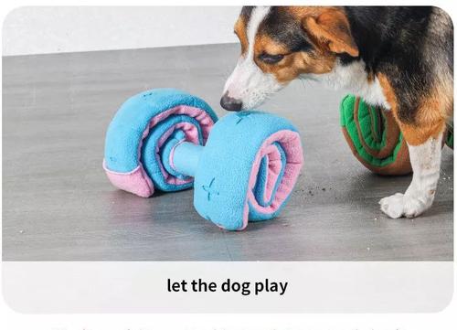 Show full view: EYS Retractable Treat Dispensing Plush Dumbbell Interactive Dog Toy, Pink/Blue slide 4 of 6