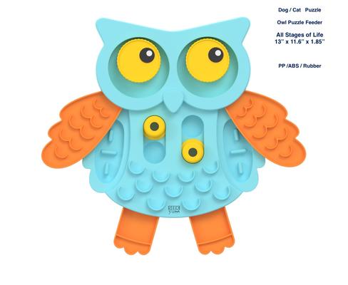 Show full view: EYS Seek Yum Cute Owl IQ Treat Puzzle Feeder Dog Bowl, Blue, 4-oz slide 1 of 6