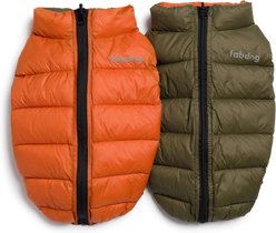 fabdog Pack N' Go Reversible Solid Dog Puffer Coat, Olive/Orange, 16-in