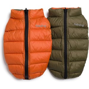 fabdog Pack N' Go Reversible Solid Dog Puffer Coat, Olive/Orange, 18-in