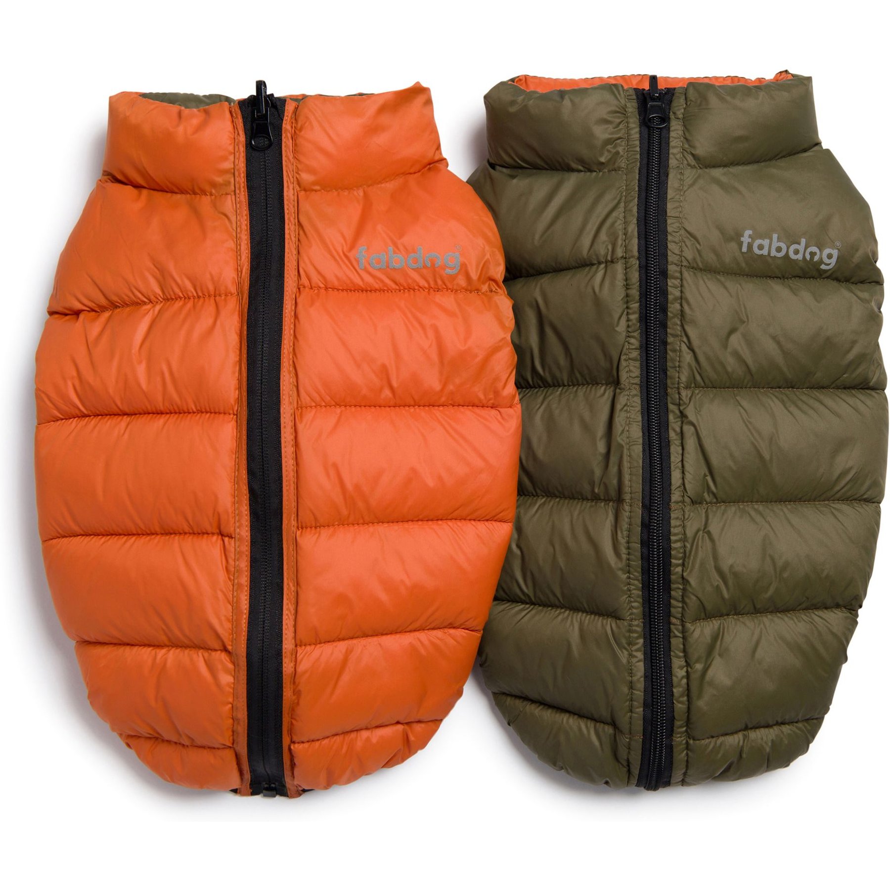 fabdog Pack N' Go Reversible Solid Dog Puffer Coat, Olive/Orange, 20-in