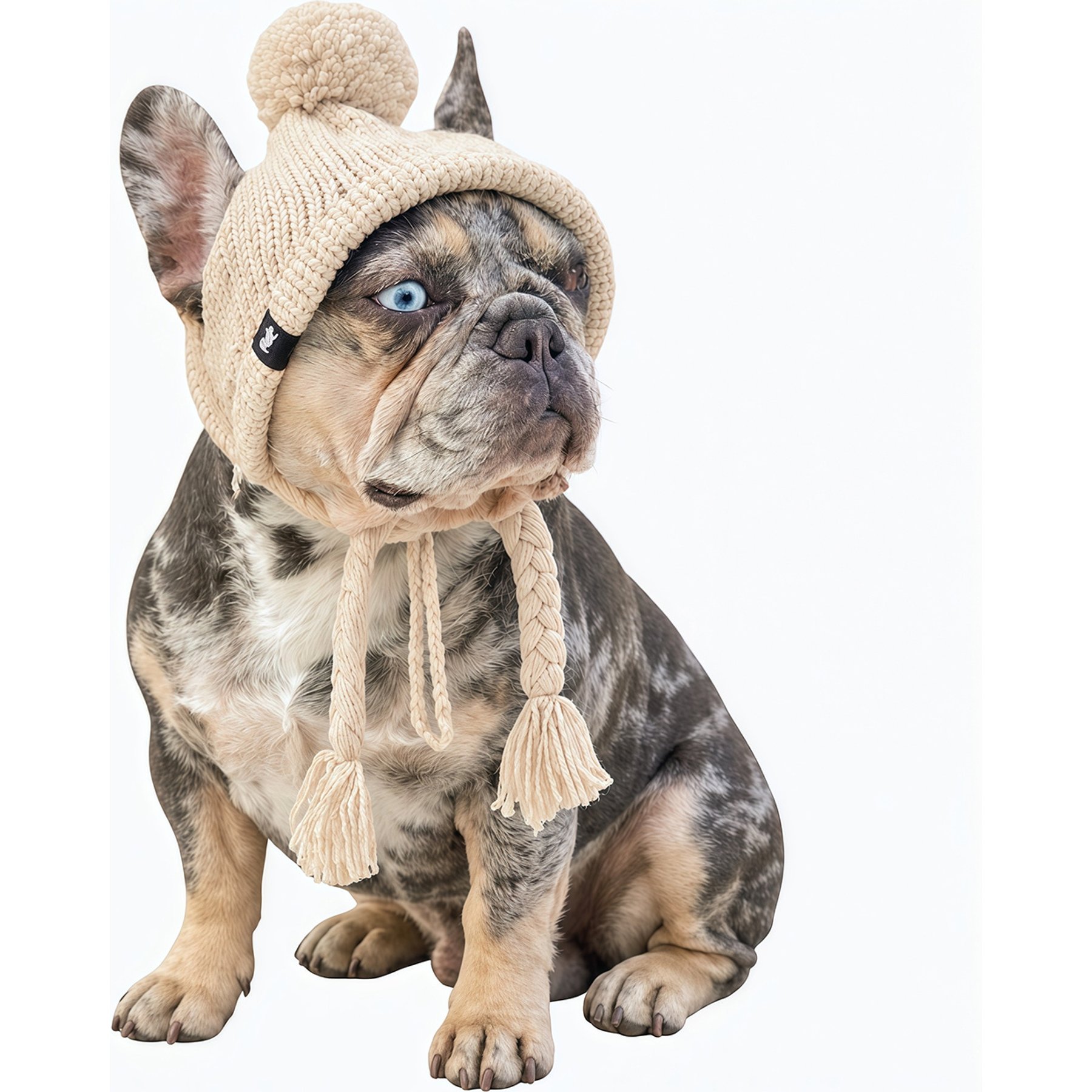 Fabulous Fido Alpaca-Blend Handmade Cozy Ears Beanie with Ear Holes & Adjustable Chin Strap Dog Knit Hat, Beige, Large