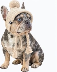 Fabulous Fido Alpaca-Blend Handmade Cozy Ears Beanie with Ear Holes & Adjustable Chin Strap Dog Knit Hat, Beige, Small