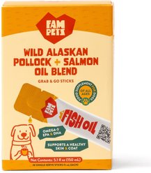 FAM Pets Omega-3 Fish Oil Stick Packs Wild Alaskan Pollock & Salmon Oil Skin & Coat supplement for Dogs & Cats, 30 count
