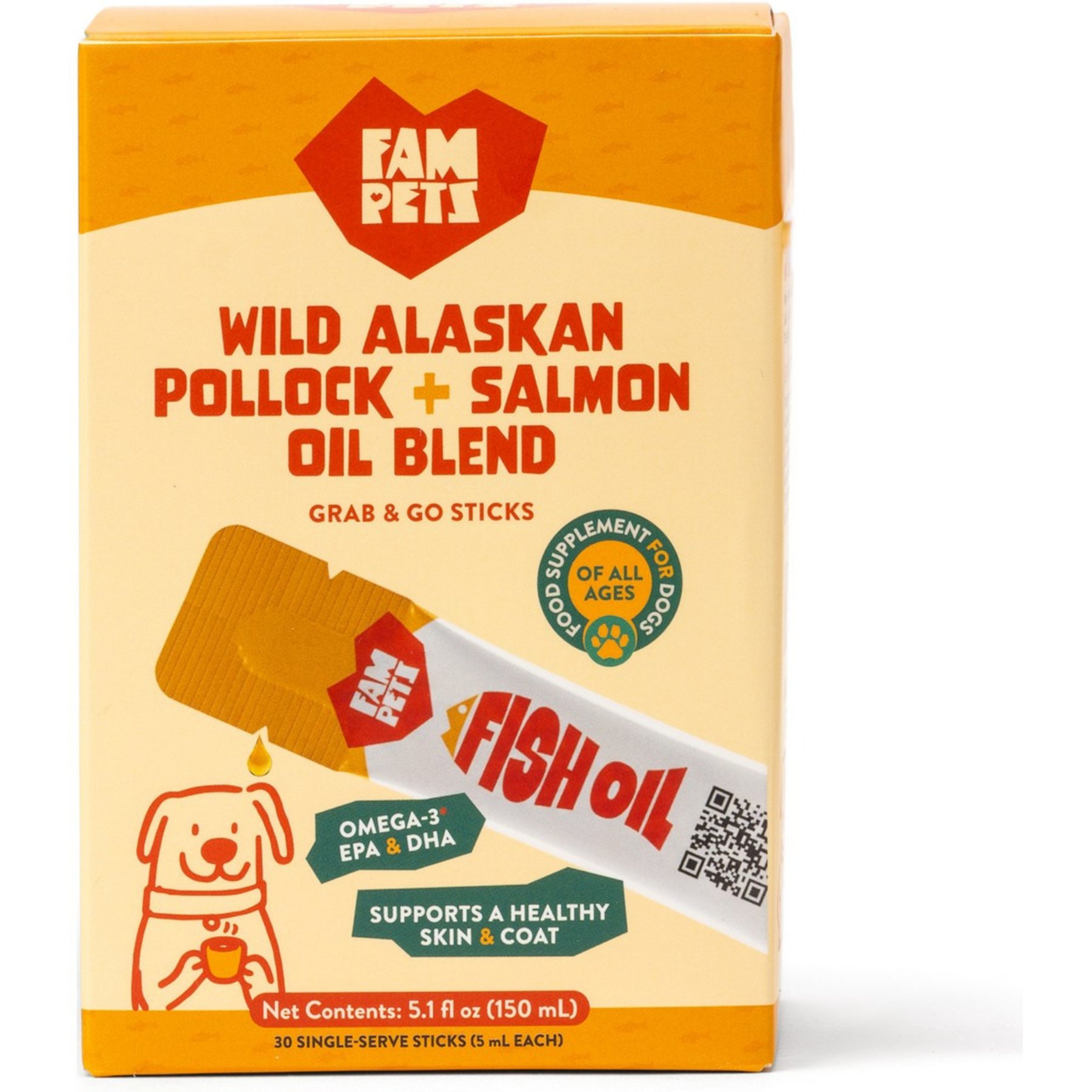 FAM Pets Omega-3 Fish Oil Stick Packs Wild Alaskan Pollock & Salmon Oil Skin & Coat supplement for Dogs & Cats, 30 count