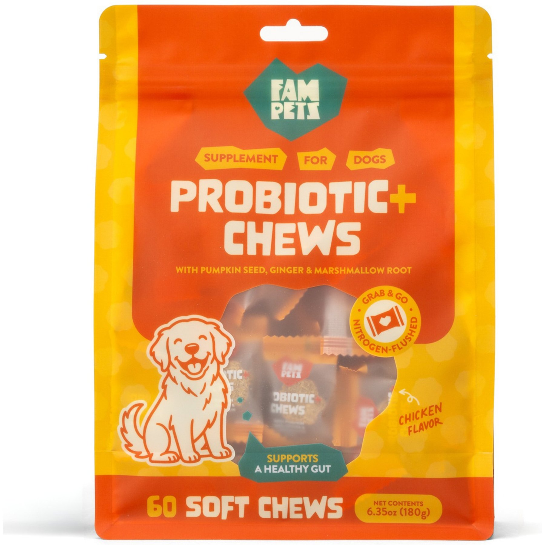 FAM Pets Probiotic+ Pumpkin, Ginger & Digestive Enzymes Soft Chews Supplement for Dogs, 60 count