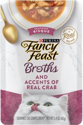 Fancy Feast Broths Seafood Bisque & Accents of Real Crab Grain-Free Lickable Cat Food Topper, 1.4-oz pouch, case of 16