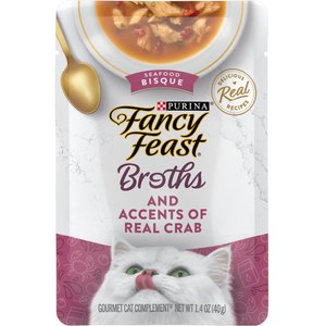 Fancy Feast Broths Seafood Bisque & Accents of Real Crab Grain-Free Lickable Cat Food Topper, 1.4-oz pouch, case of 16