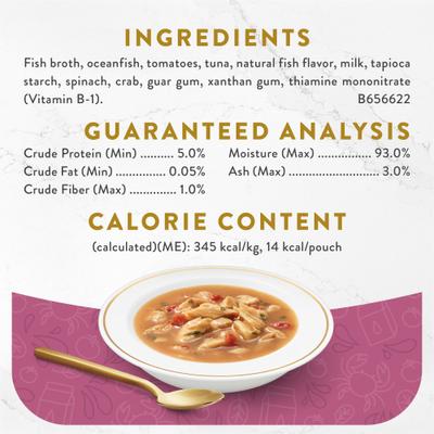 Show full view: Fancy Feast Broths Seafood Bisque & Accents of Real Crab Grain-Free Lickable Cat Food Topper, 1.4-oz pouch, case of 16 slide 5 of 11