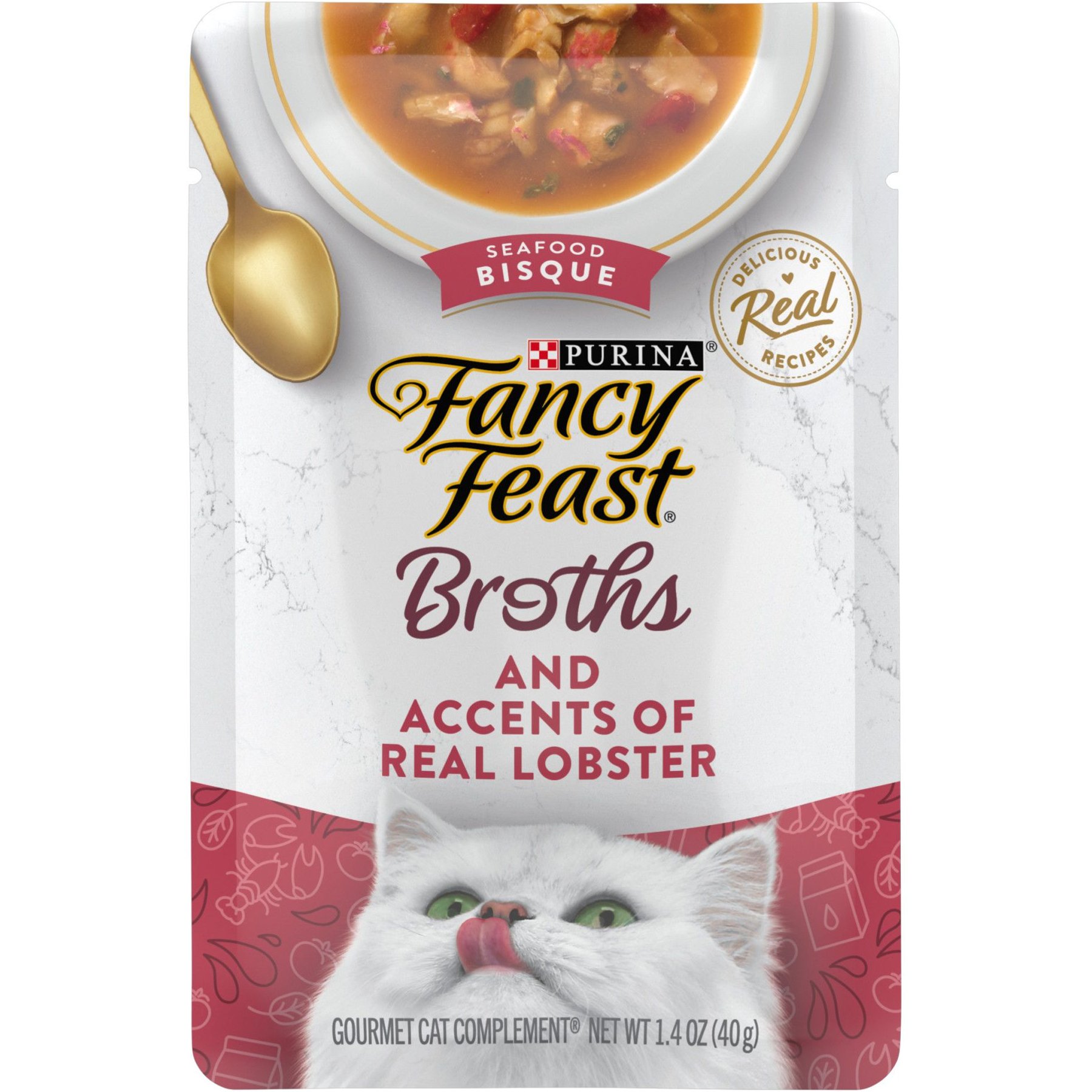Fancy Feast Broths Seafood Bisque & Accents of Real Lobster Grain-Free Lickable Cat Food Topper, 1.4-oz pouch, case of 16