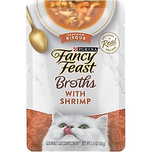 Fancy Feast Broths Seafood Bisque with Shrimp Grain-Free Lickable Cat Food Topper, 1.4-oz pouch, case of 16