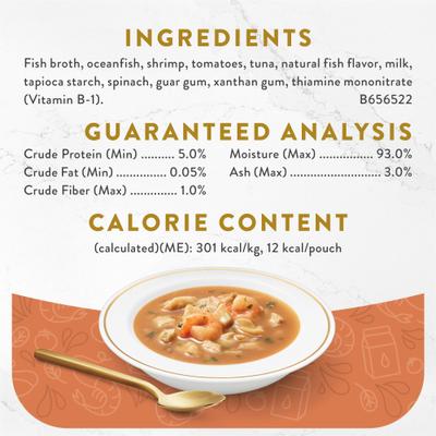 Show full view: Fancy Feast Broths Seafood Bisque with Shrimp Grain-Free Lickable Cat Food Topper, 1.4-oz pouch, case of 16 slide 5 of 10