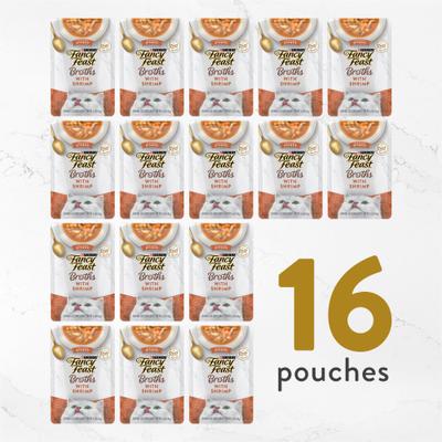 Show full view: Fancy Feast Broths Seafood Bisque with Shrimp Grain-Free Lickable Cat Food Topper, 1.4-oz pouch, case of 16 slide 8 of 10