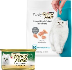 Fancy Feast Chunky Chicken Feast Canned Cat Food, 3-oz, case of 24 + Purely Natural Hand-Flaked Tuna Cat Treats, 1.06-oz pouch