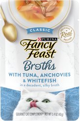 Fancy Feast Classic Broths with Tuna, Anchovies & Whitefish Supplemental Wet Cat Food Pouches, 1.4-oz pouch, case of 16