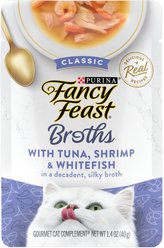 Fancy Feast Classic Broths with Tuna, Shrimp & Whitefish Supplemental Lickable Wet Cat Food Pouches, 1.4-oz pouch, case of 16