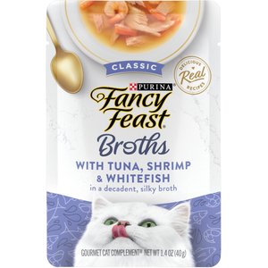 Fancy Feast Classic Broths with Tuna, Shrimp & Whitefish Supplemental Lickable Wet Cat Food Pouches, 1.4-oz pouch, case of 16