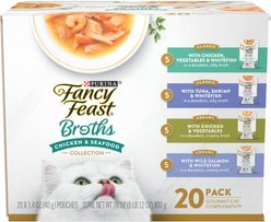 Fancy Feast Classic Collection Broths Variety Pack Complement Lickable Wet Cat Food, 1.4-oz pouch, case of 20