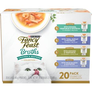 Fancy Feast Classic Collection Broths Variety Pack Complement Lickable Wet Cat Food, 1.4-oz pouch, case of 20