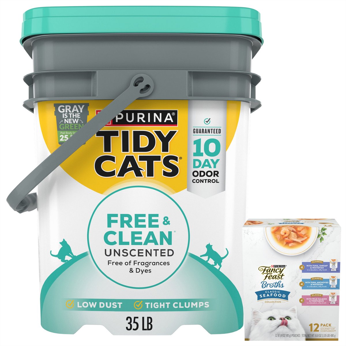 Fancy Feast Classic Collection Broths Variety Pack Complement Wet Food + Tidy Cats Free & Clean Unscented Clumping Clay Cat Litter