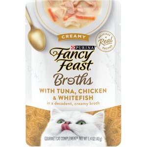 Fancy Feast Creamy Broths with Tuna, Chicken & Whitefish Supplemental Wet Cat Food Pouches, 1.4-oz, case of 16