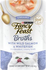 Fancy Feast Creamy Broths with Wild Salmon & Whitefish Supplemental Wet Cat Food Pouches, 1.4-oz pouch, case of 16