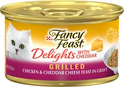 Fancy Feast Delights with Cheddar Grilled Chicken & Cheddar Cheese Feast in Gravy Canned Cat Food, 3-oz can, case of 4