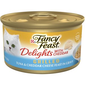 Fancy Feast Delights with Cheddar Grilled Tuna & Cheddar Cheese Feast in Gravy Canned Cat Food, 3-oz, case of 24