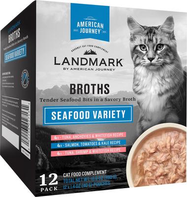 Show full view: Fancy Feast Flaked Fish & Shrimp Feast Canned Food + American Journey Landmark Broths Seafood Variety Pack Wet Cat Food Complement Pouches slide 6 of 9